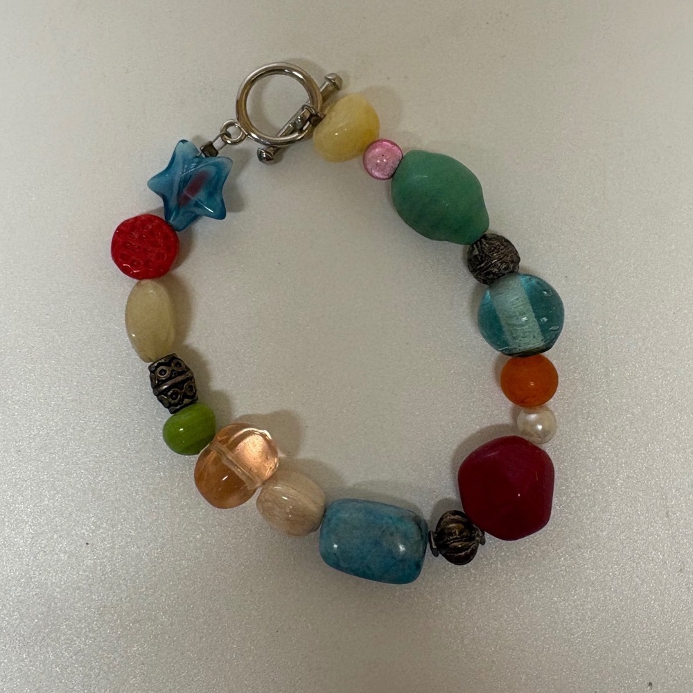 Multicolor Mixed Media Bead Bracelet Blue Glass Star Toggle Clasp 6.25in